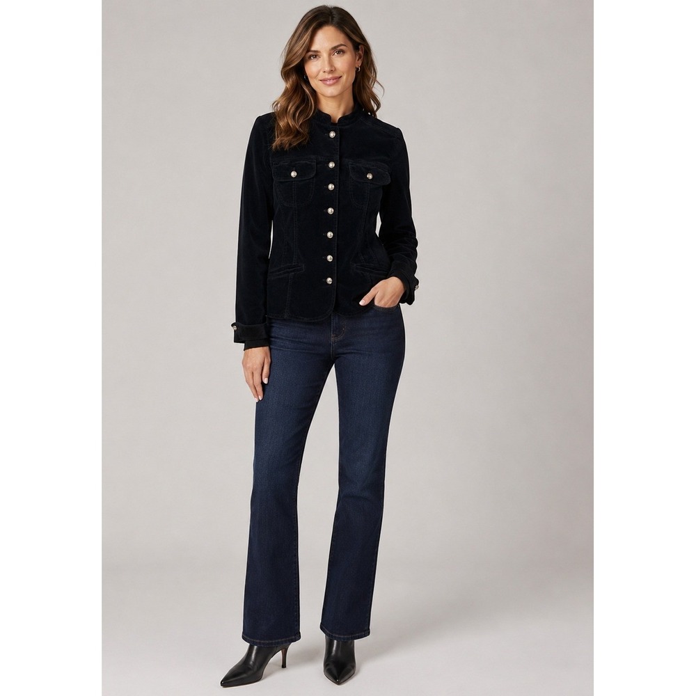 Bandolino Blu Military Jacket Womens Small Black Velvet Metal Buttons Pockets